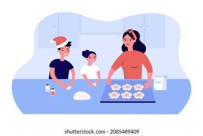 Mom With Kids Making Christmas Cookies In Kitchen. Little Children Helping Woman Flat Vector Illustration. Happy Family Cooking Time, Childhood Concept For Banner, Website Design Or Landing Web Page