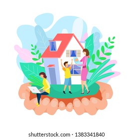 Mom and Kids Outside House Vector Illustration. Mother and Children Cartoon Characters. Young Woman Holding Newborn Baby, Daughter Using Laptop. Happy People Outdoor, Motherhood, Childcare