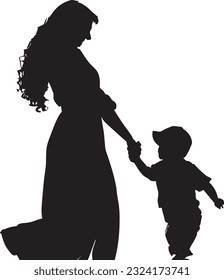 Mom And Kids Silhouette Vector Art Icons.