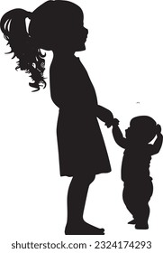 Mom And Kids Silhouette Vector Art Icons.