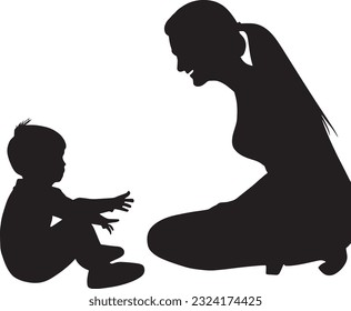Mom And Kids Silhouette Vector Art Icons.