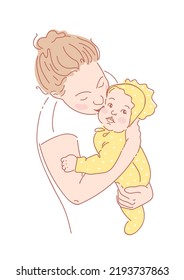 Mom Kisses The Baby On The Cheek. Mother And Child. A Young Woman Holds A Child In Her Arms. Single Motherhood, Happy Childhood. Cute Sketch Style Vector Illustration. For Posters, Postcards, Book.