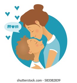 Mom kissing her child.  Flat vector illustration.