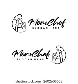Mom kitchen logo vector illustration with modern typography. Chef mascot logo.