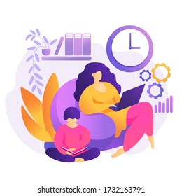 Mom with laptop working at home with child. Womens freelance. work at home mom. Concept working, studying, education, work from home, healthy lifestyle. flat style. coronavirus, self-isolation