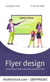 Mom leading child to school class. Daughter, girl, teacher pointing at blackboard flat vector illustration. Parenthood, education concept for banner, website design or landing web page