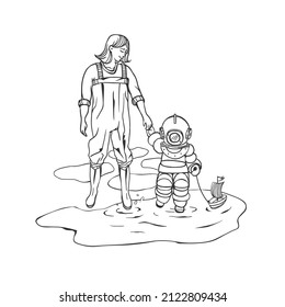 Mom leads the child by the hand. Spring puddles. A boy in an underwater suit, a woman in waders