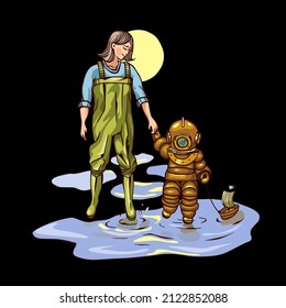 Mom Leads The Child By The Hand. Spring Puddles. A Boy In An Underwater Or Space Suit, A Woman In Waders