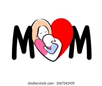 Mom lettering design with mom hugs her child in heart shape. Happy Mother's Day concept. Vector illustration isolated on a white background.