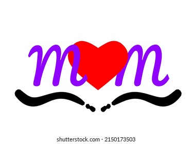 Mom letters with red heart.  icon design. Illustration isolated on white background. Love mom concept. Happy mother's day