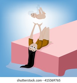 Mom lies down on bed and throws baby floating in the air, Cartoon vector design