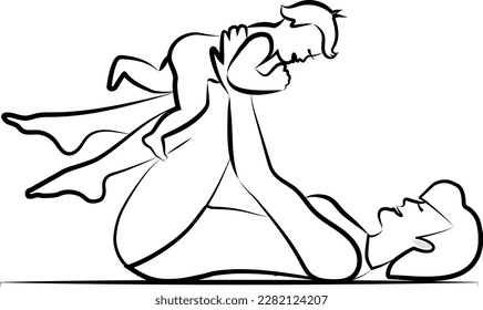 Mom lies and holds her little son in outstretched arms. They are happy and laughing. Black line with thinning..