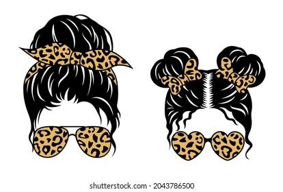 Mom life and kid life design. Messy bun vector print. Female faces in aviator sunglasses and bandanas with leopard pattern. - Shutterstock ID 2043786500