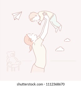 Mom Is Lifting The Child Up High. Hand Drawn Style Vector Doodle Design Illustrations.