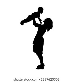 Mom lifting her little son up in the air vector silhouette.	