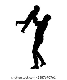 Mom lifts her little son up vector silhouette.	