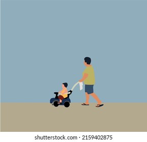 Mom and Little Baby in Stroller Walk Together on street. Cartoon People Vector Illustration