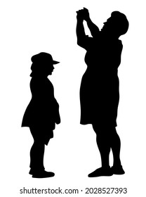 Mom with little child in carriage walking on street. Isolated silhouettes of people on white background