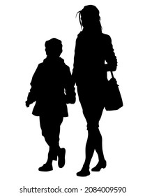 Mom with little child on street. Isolated silhouettes of people on white background