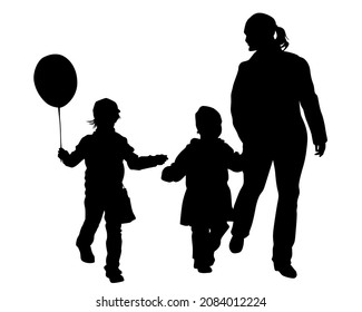 Mom with little child on street. Isolated silhouettes of people on white background