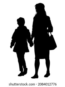 Mom with little child on street. Isolated silhouettes of people on white background
