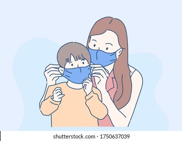 Mom And Little Child Is Wearing Medical Face Masks To Protect Themselves From Pollution Coronavirus Flu Virus. Hand Drawn In Thin Line Style, Vector Illustrations.