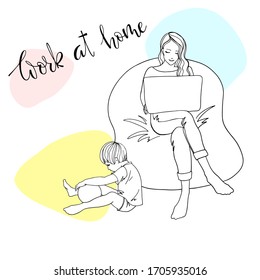 Mom with a little child works at home because of quarantine. Girl sitting in a chair with a laptop. Freelancer works from home. Lock down. Remote work. Everyone should stay home