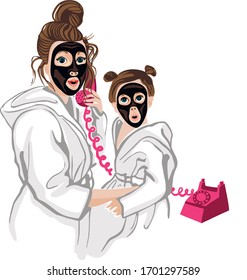 Mom and a little daughter with clay masks on their faces found out great news on the phone. Beauty treatments, talking on the phone