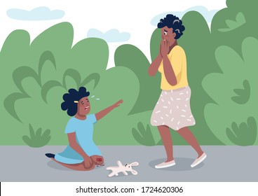 Mom with little daughter flat color vector illustration. Panicking mother and crying child 2D cartoon character with burning home on background. Panic attack, parenthood stress management, childcare