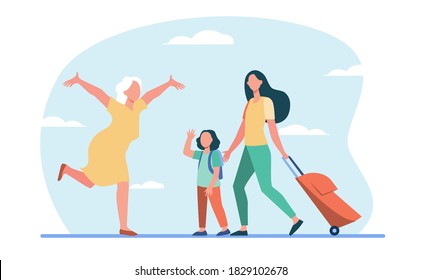 Mom and little daughter with luggage meeting with grandma. Senior woman running with open arms flat vector illustration. Family, generation concept for banner, website design or landing web page
