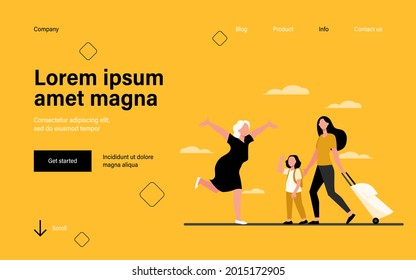 Mom and little daughter with luggage meeting with grandma. Senior woman running with open arms flat vector illustration. Family, generation concept for banner, website design or landing web page