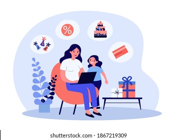 Mom and little daughter preparing for girls birthday party. Mother buying cake and gifts online flat vector illustration. Shopping, celebration concept for banner, website design or landing web page