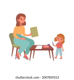 Mom and little daughter are preparing for school and are engaged in reading and writing. Mom is holding a book. A sheet of paper and a pencil case on the table. Vector flat illustration cartoon.