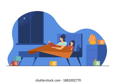 Mom and little daughter reading book in bed. Bedtime story, fairy tale, mother flat vector illustration. Childhood, knowledge, parenthood concept for banner, website design or landing web page