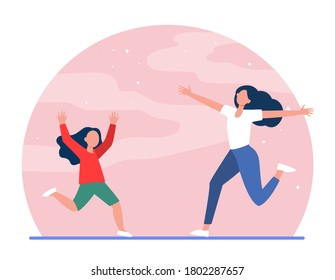 Mom and little daughter running to each other with open arms. Mother, girl, kid flat vector illustration. Parenthood, childhood, parenting concept for banner, website design or landing web page