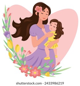 mom with little daughter surrounded by flowers vector