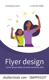 Mom and little daughter taking selfie together. Using smartphone for video call, waving hello flat vector illustration. Motherhood, communication concept for banner, website design or landing web page