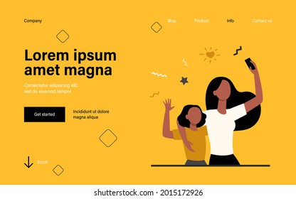 Mom and little daughter taking selfie together. Using smartphone for video call, waving hello flat vector illustration. Motherhood, communication concept for banner, website design or landing web page