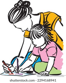 mom and little girl drawing together parenthood mother day vector illustration