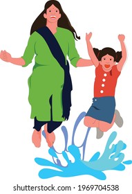 Mom and little kid jump on the pools after rain. vector illustration