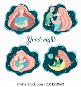 Mom and little son, newborn baby, breastfeeding, hugs, night. Vector set of icons, illustrations on the theme of Mother's day.