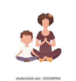 Mom and little son are sitting doing meditation. Isolated. Cartoon style. Vector illustration