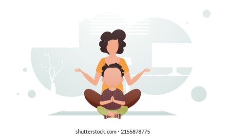 Mom and little son are sitting in the room doing yoga. Meditation. Cartoon style. Vector illustration