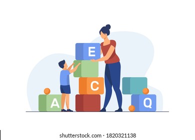 Mom and little son studying letters. Woman and kid playing toy blocks flat vector illustration. Preschool education, learning concept for banner, website design or landing web page