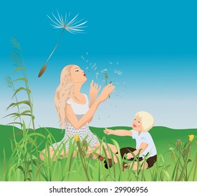 Mom, little-one and the dandelions