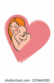 mom with long hair holding a newborn baby, black line on pink heart background by handdrawn