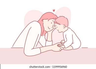 Mom is looking at the baby with love. hand drawn style vector design illustrations.