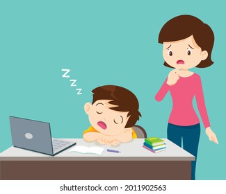 mom looking child girl bored of studying sleeps in front of the laptop. Concept of tired kid from home e-learning or online education