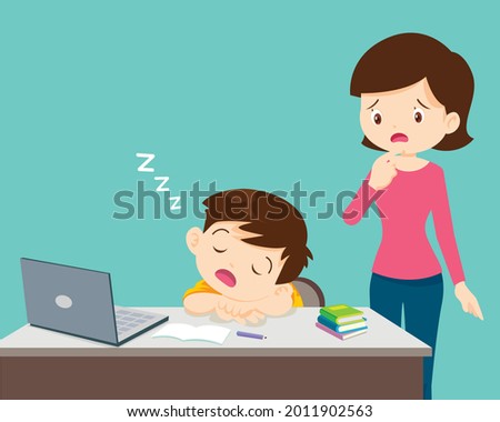 mom looking child girl bored of studying sleeps in front of the laptop. Concept of tired kid from home e-learning or online education