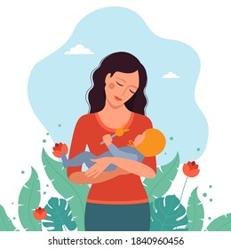 Mom looks at the baby and holds the baby in her arms. Vector illustration in flat style.